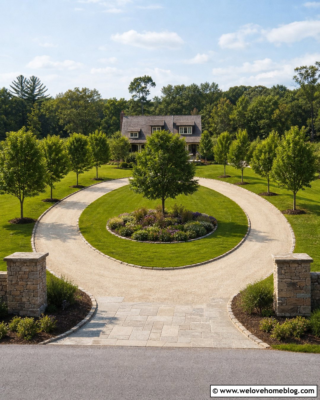 Crushed Stone Horseshoe Driveway With Tree Lined Entrance - 20 driveway landscape for horseshoe ideas