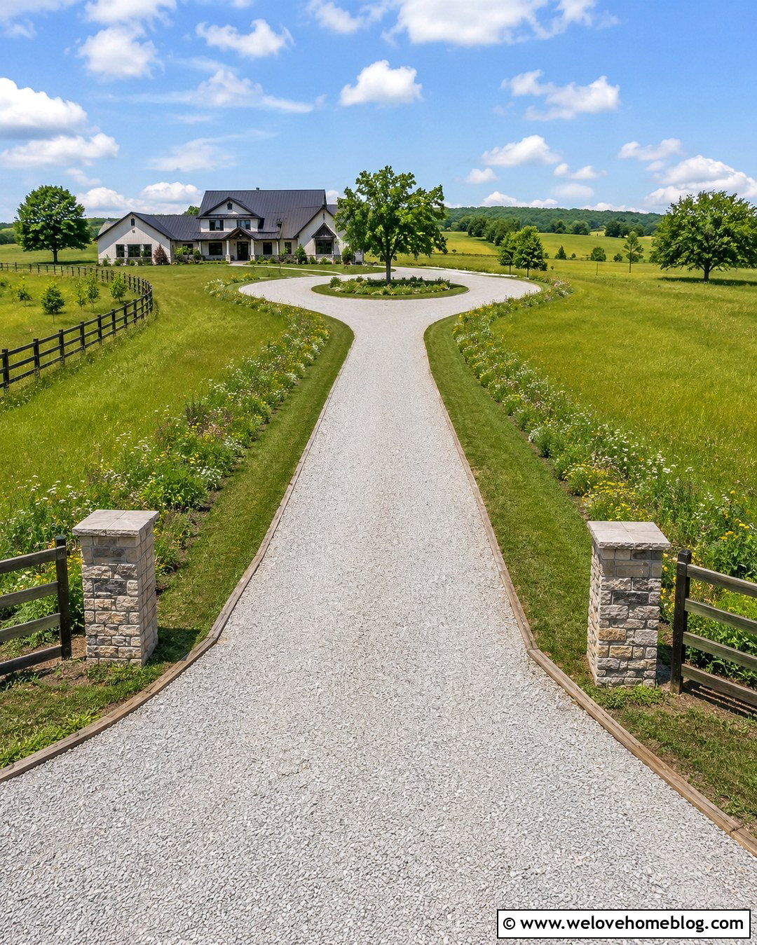 Crushed Stone Long Winding Driveway With Split Rail Fencing - 20 Long Winding Driveway Ideas