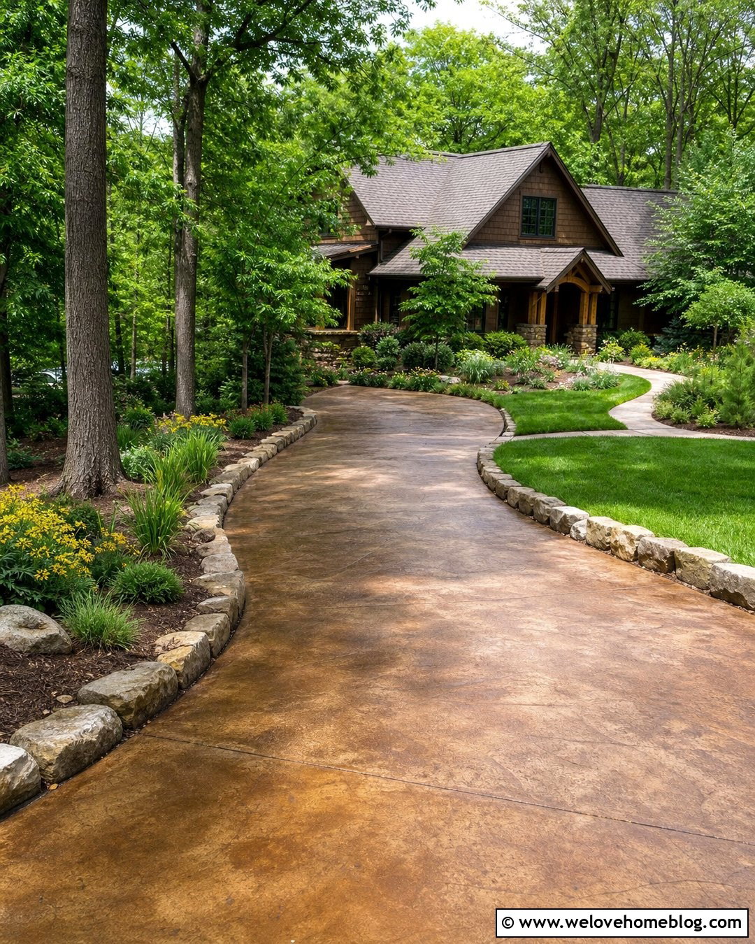 Curved Acid Stain Concrete Driveway With Native Landscaping - 20 acid stain concrete driveway ideas