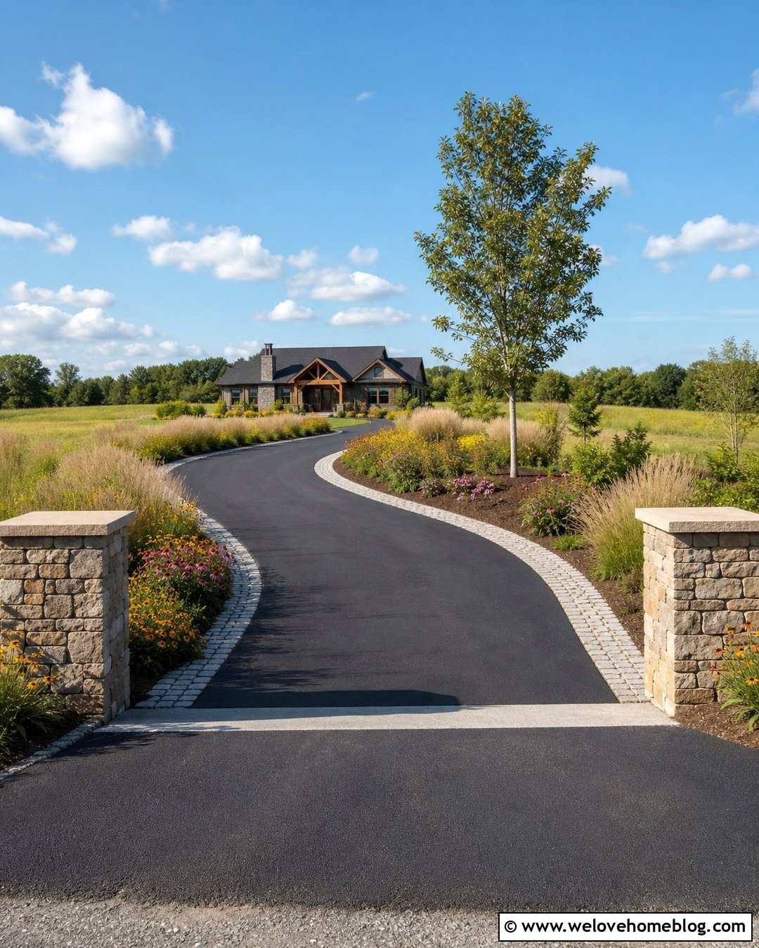Curved Acreage Driveway Entrance With Native Grasses - 30 Acreage Landscaping Driveway Entrance Ideas