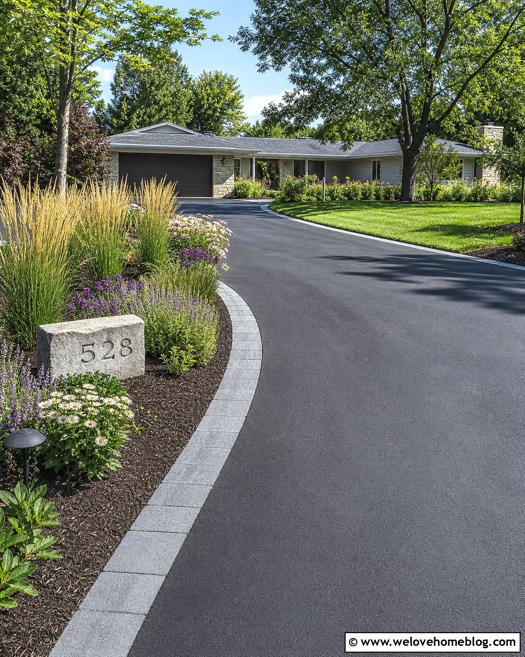Curved Asphalt Driveway Entrance With Native Plants - 20 Simple Driveway Entrance Ideas