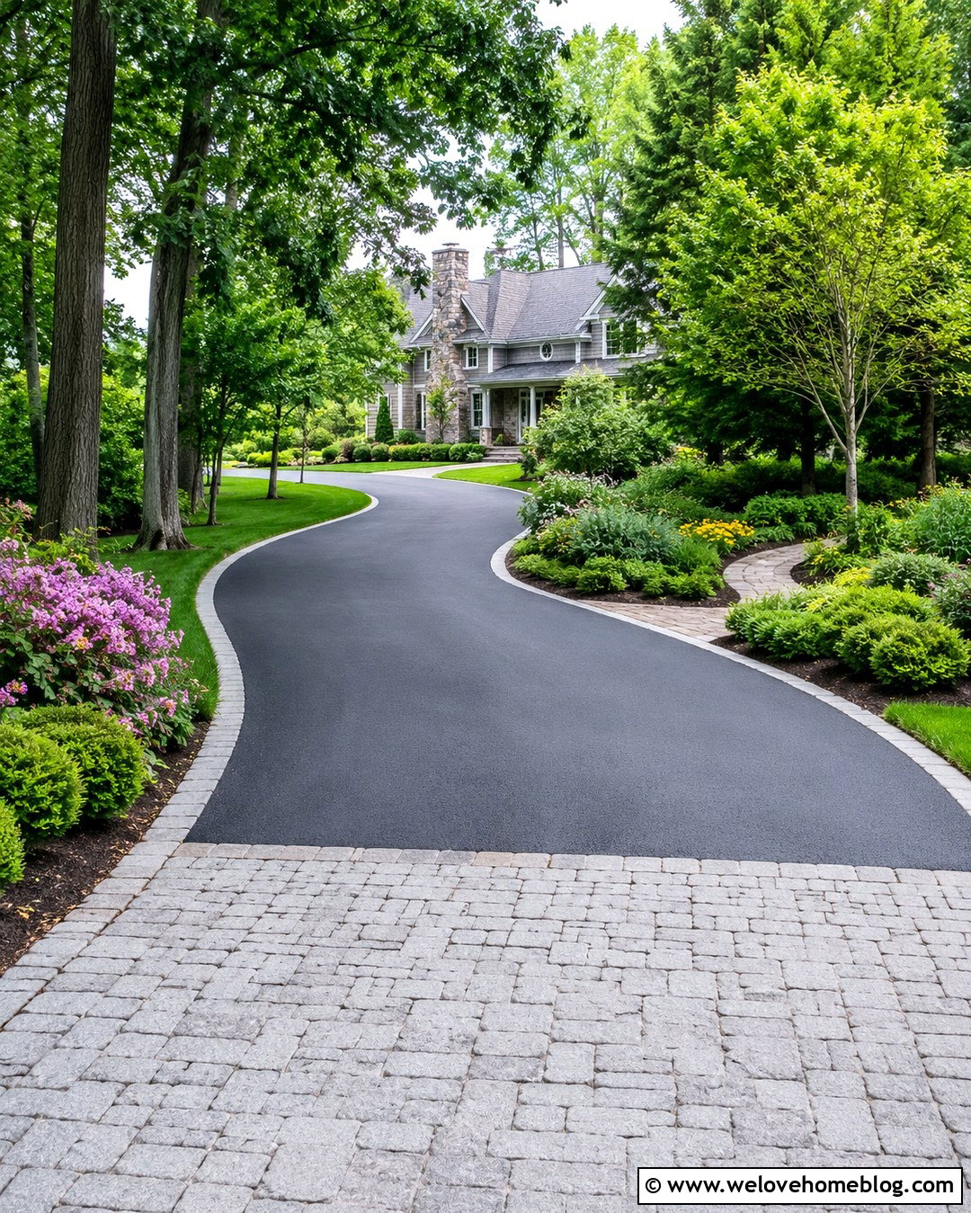 Curved Asphalt Driveway With Cobblestone Border - 20 Outdoor Driveway Ideas