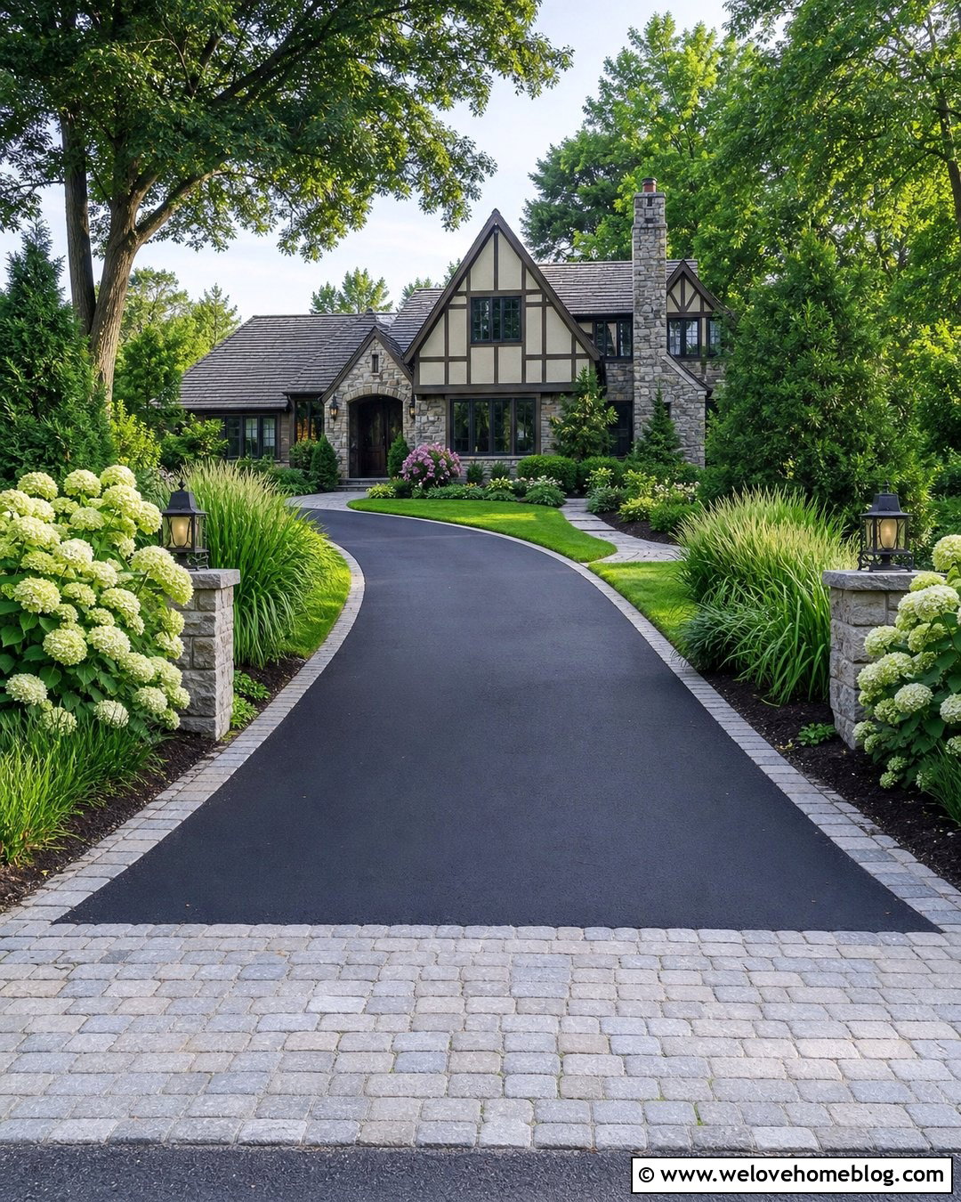 Curved Asphalt Driveway With Cobblestone Edging - 35 Curved Driveway Ideas