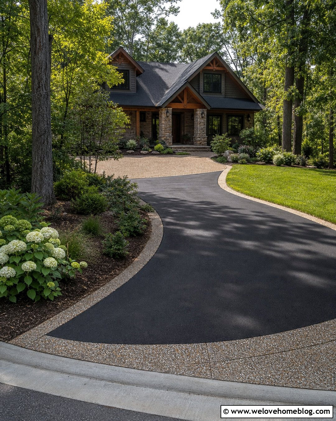 Curved Asphalt Driveway With Exposed Aggregate Concrete - 20 Concrete To Asphalt Driveway Ideas