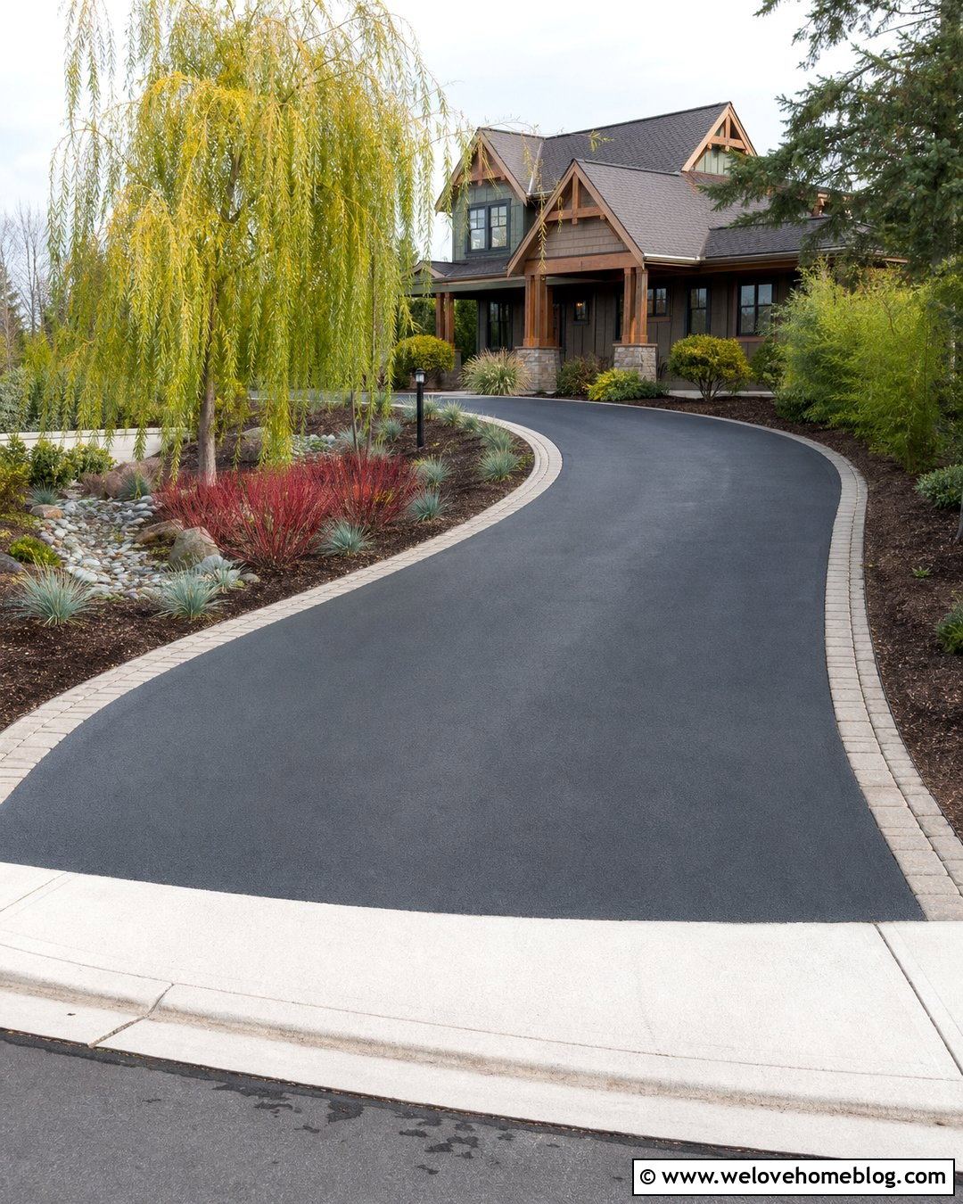 Curved Asphalt Driveway With Golden Willow - 25 Willow Tree Driveway Ideas