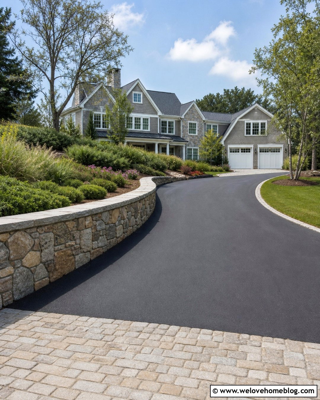 Curved Asphalt Driveway With Natural Stone Retaining Wall - 20 Driveways With Retaining Walls Ideas