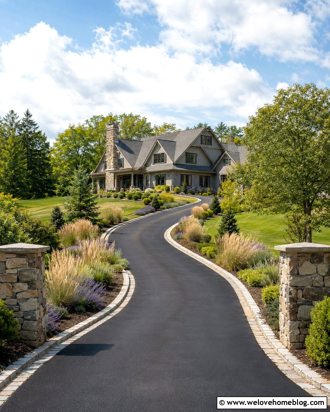 Curved Asphalt Driveway With Stone Pillars - 20 long driveway entry landscaping ideas