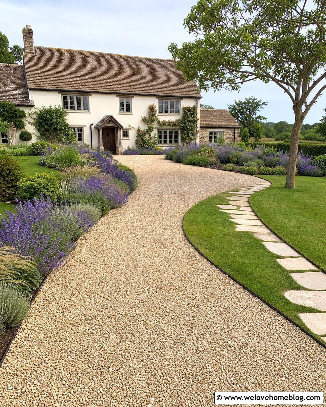 Curved Beige Gravel Driveway With Lavender Borders - 20 Beige Gravel Driveway Ideas