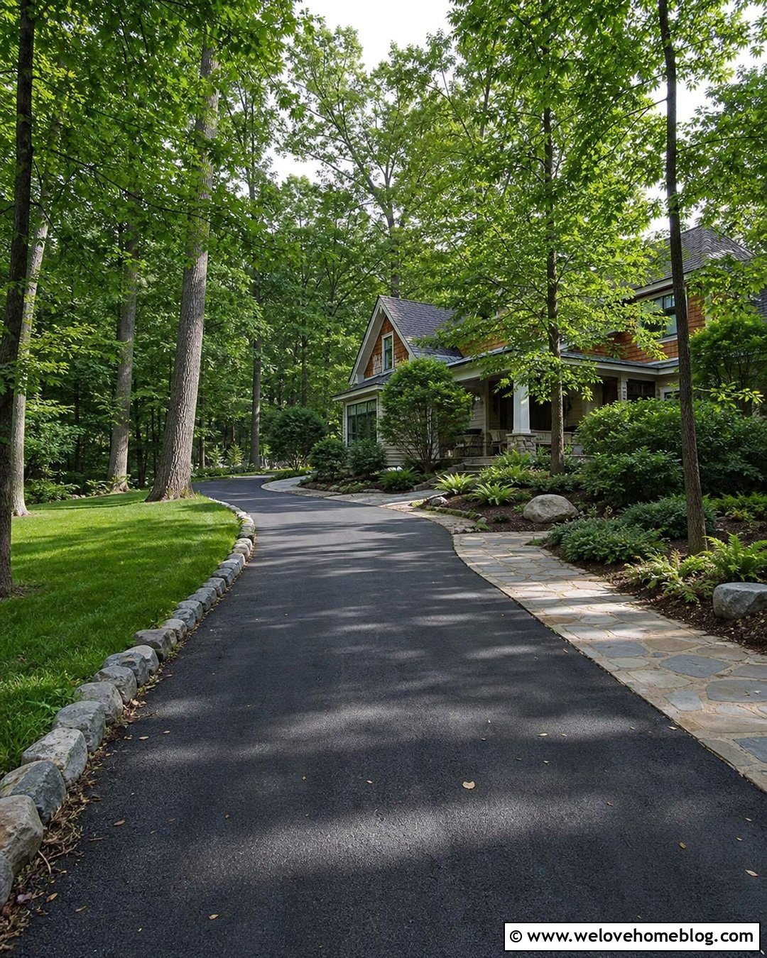 Curved Black Asphalt Driveway With Trees - 30 Black Driveway Ideas