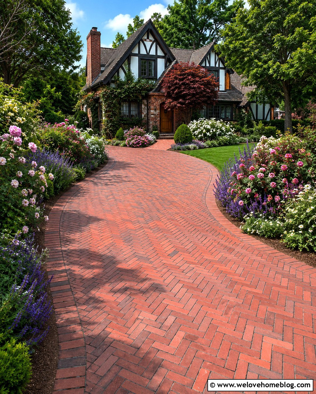 Curved Brick Driveway With Cottage Garden Beds - 20 Curved Driveway In Lush Garden Ideas