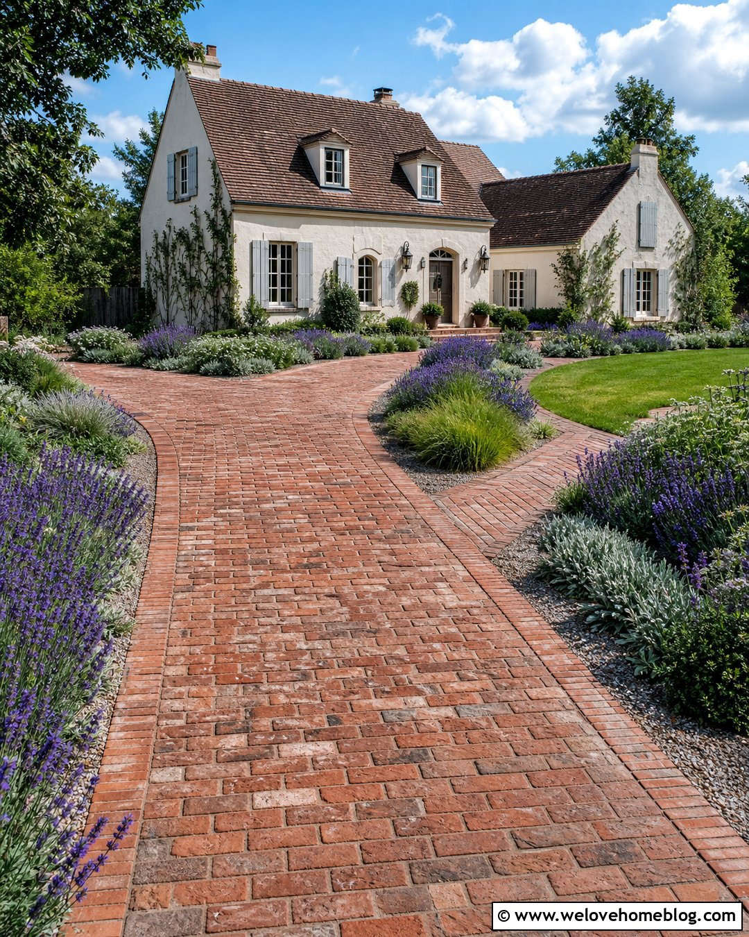 Curved Brick Driveway With Lavender Borders - 20 Paved Brick Driveway Ideas