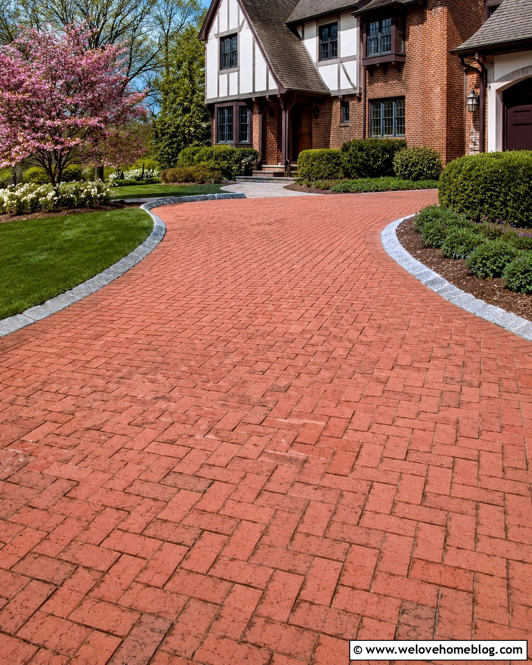 Curved Brick Driveway With Stone Edging - 20 Brick Driveway In Suburban Neighborhood Ideas