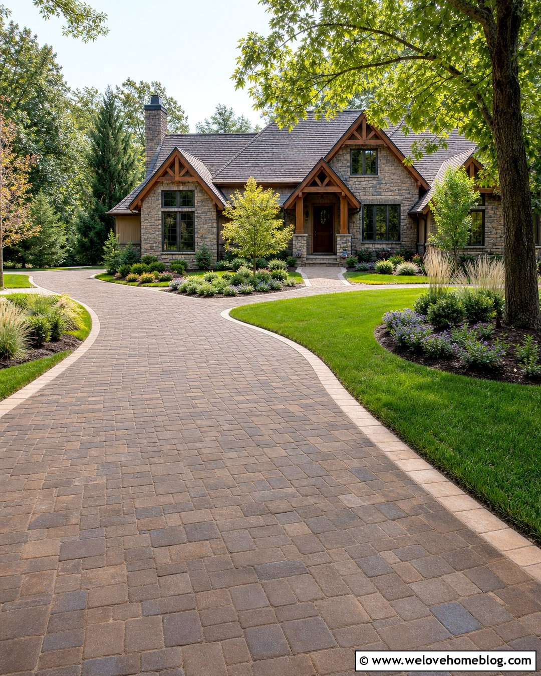 Curved Brown Paver Driveway With Tree Lined Landscaping - 20 Brown Pavers Driveway Ideas