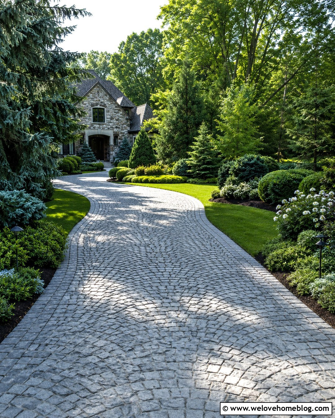 Curved Cobblestone Driveway With Evergreen Garden - 20 Curved Driveway In Lush Garden Ideas
