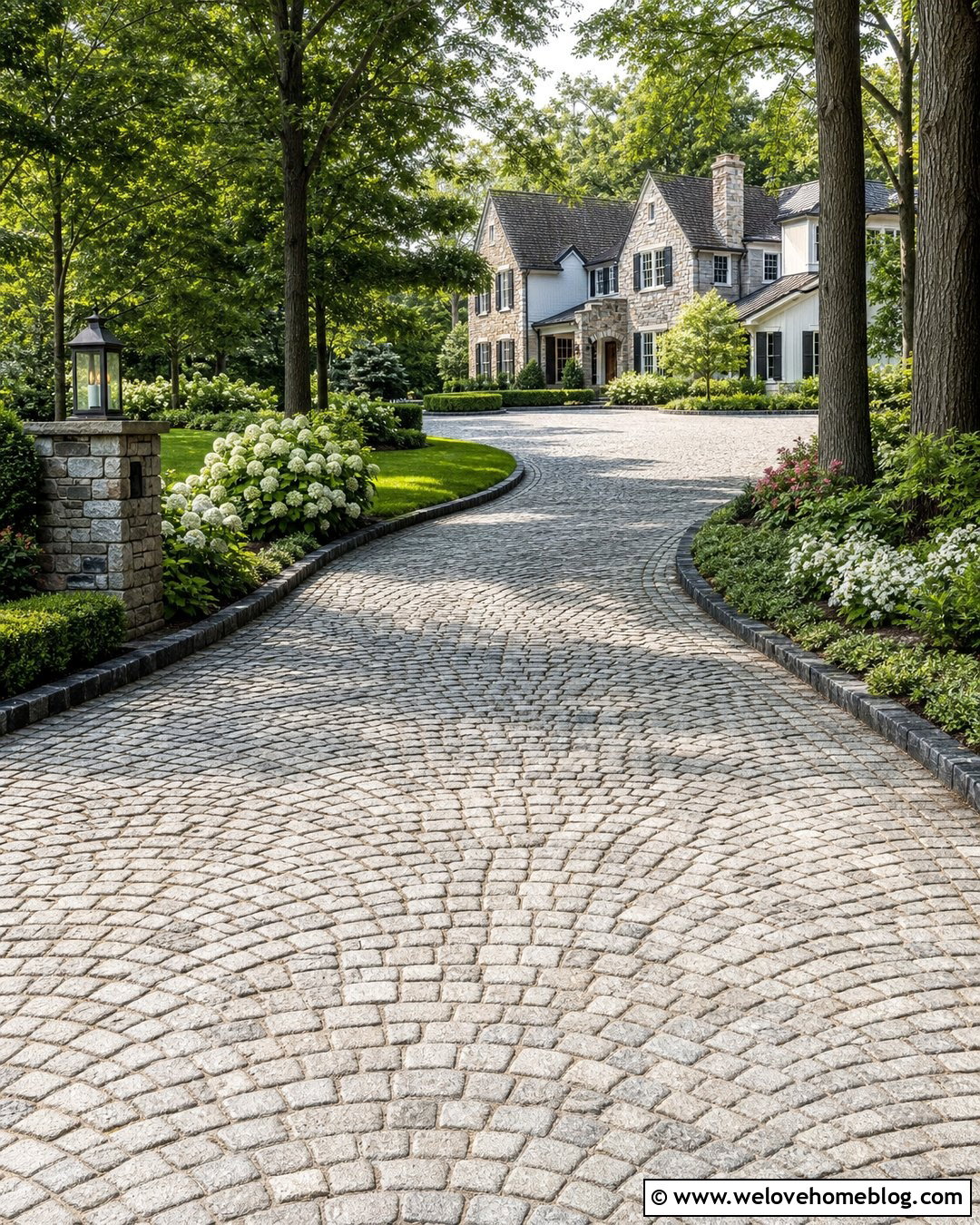 Curved Cobblestone Driveway With Tree Lined Landscaping - 20 luxury cobblestone driveway ideas