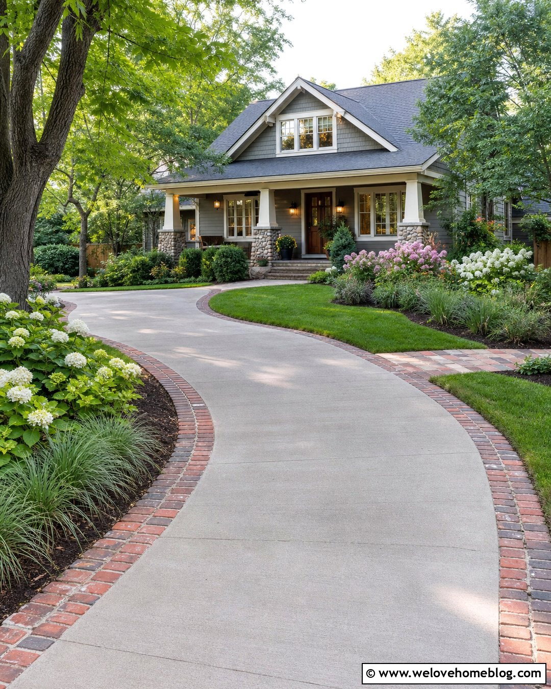 Curved Concrete Driveway With Brick Border - 25 Brick And Concrete Driveway Ideas