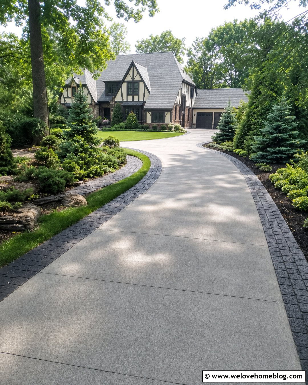Curved Concrete Driveway With Cobblestone Border - 20 Picture Frame Concrete Driveway Ideas