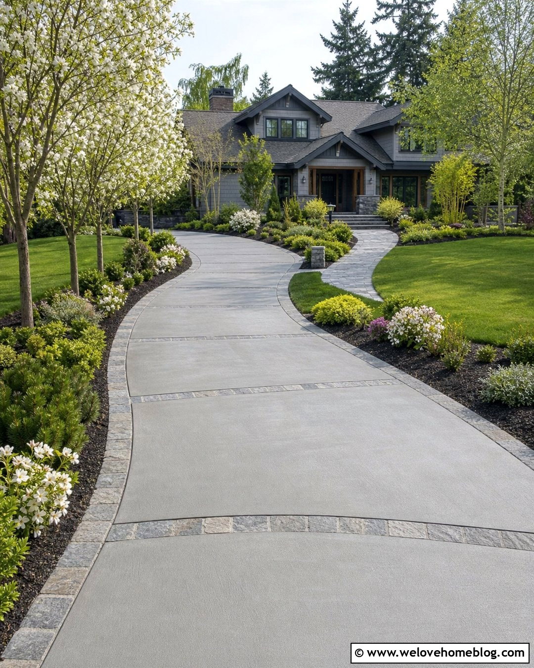 Curved Concrete Driveway With Flowering Trees - 25 Luxury Driveway Landscaping Ideas