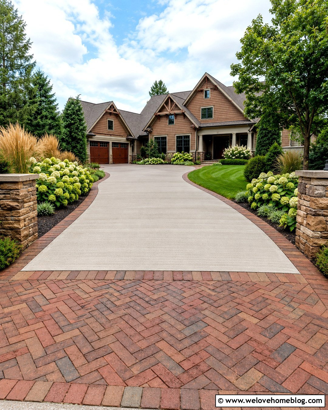 Curved Concrete Driveway With Herringbone Brick Apron - 20 concrete and brick driveway ideas