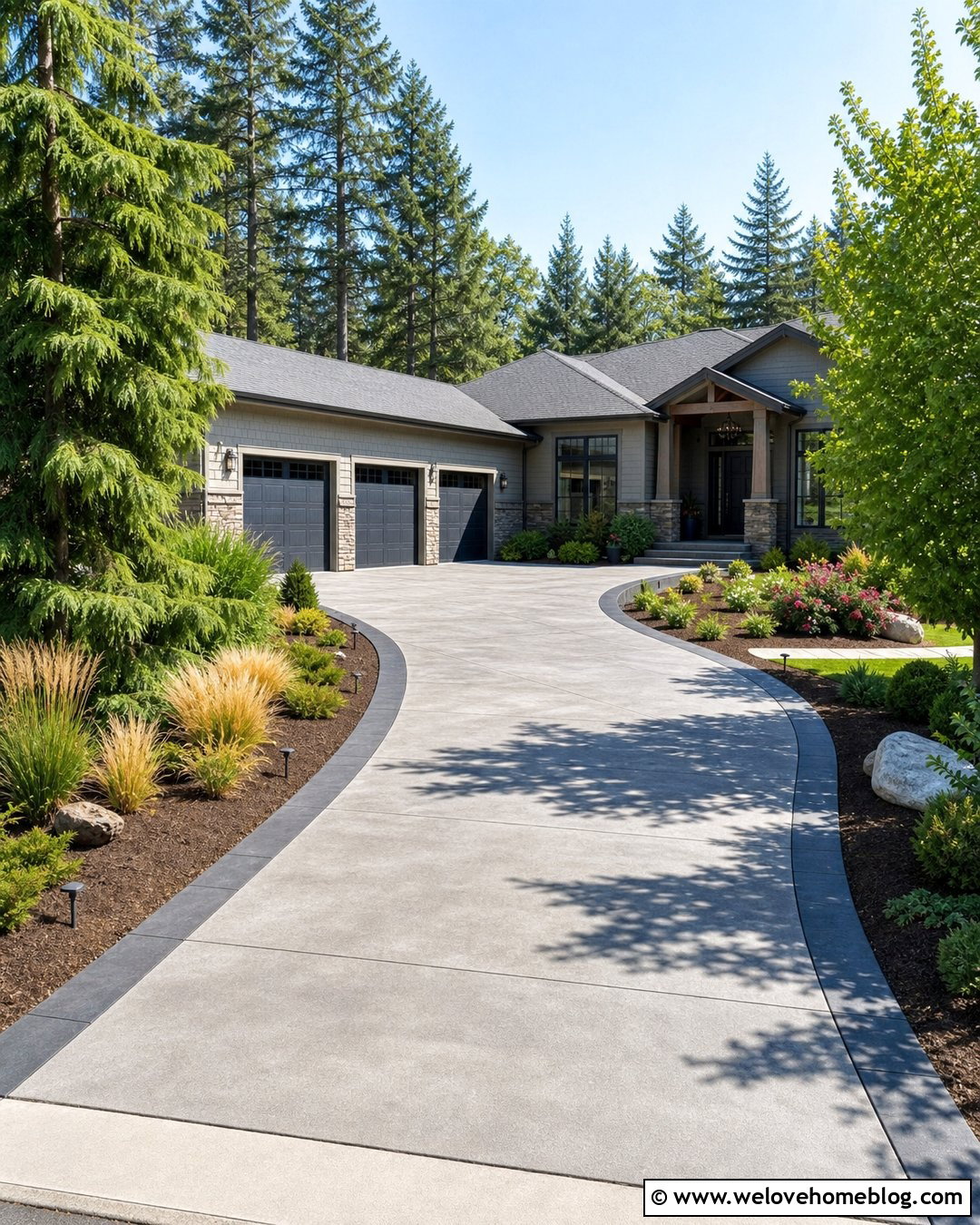Curved Concrete Driveway With Landscape Lighting - 20 Driveway Cement Designs Ideas