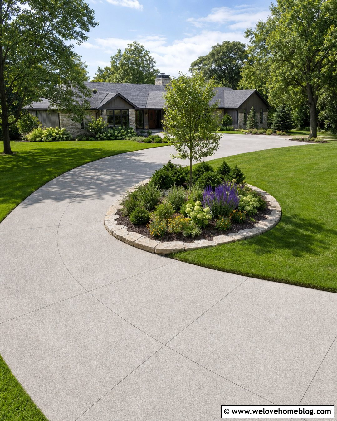 Curved Concrete Driveway With Landscaped Island - 25 Driveway Concrete Ideas