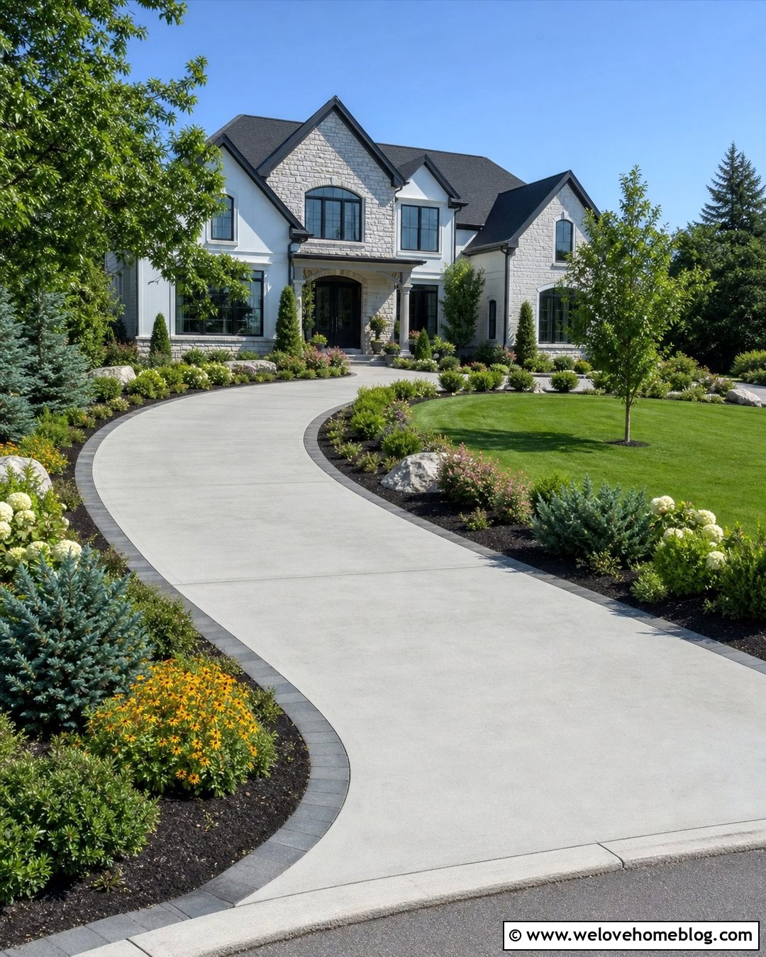 Curved Concrete Driveway With Layered Shrubs - 20 How To Landscape A Driveway Ideas