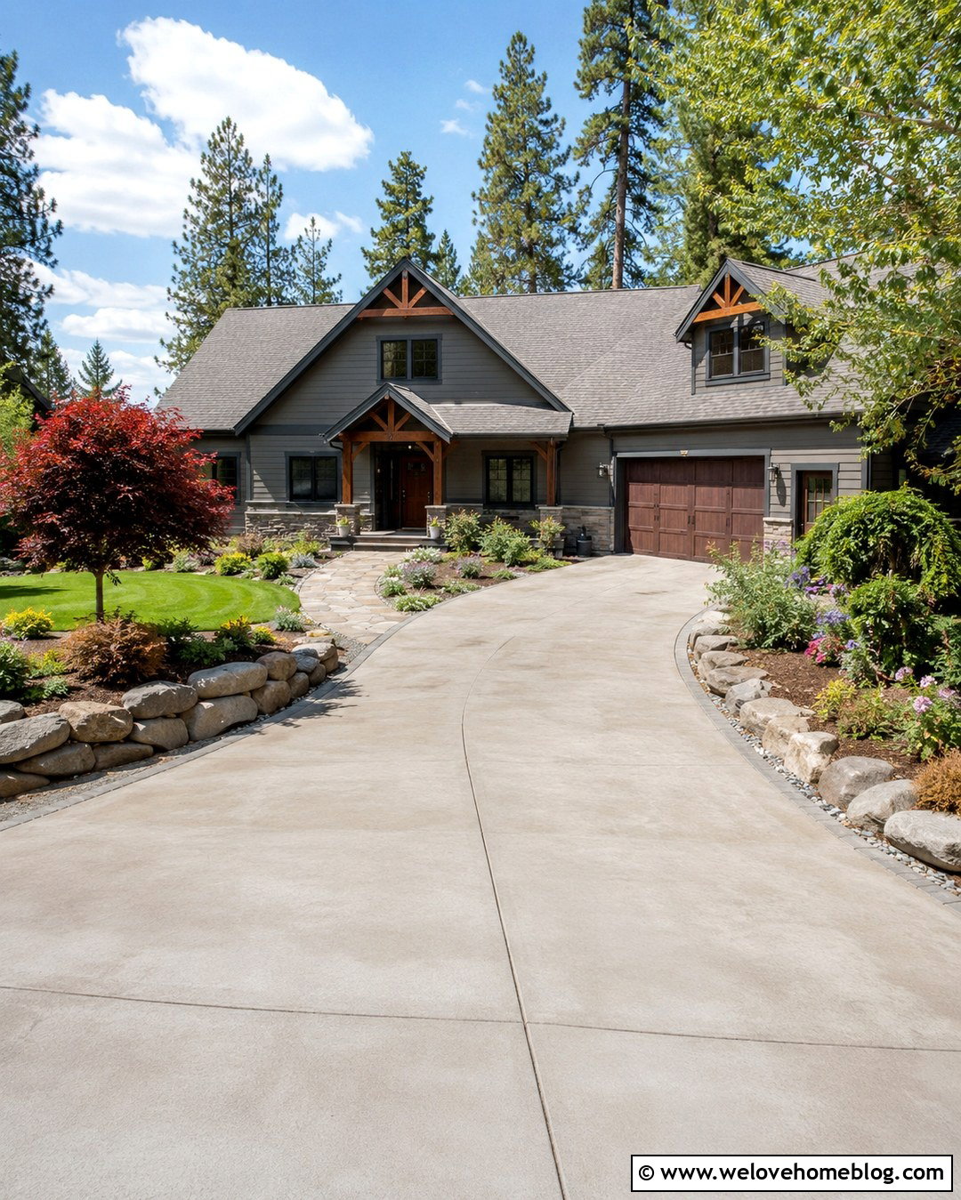 Curved Concrete Driveway With Stone Edging - 20 Extended Driveway Concrete Ideas