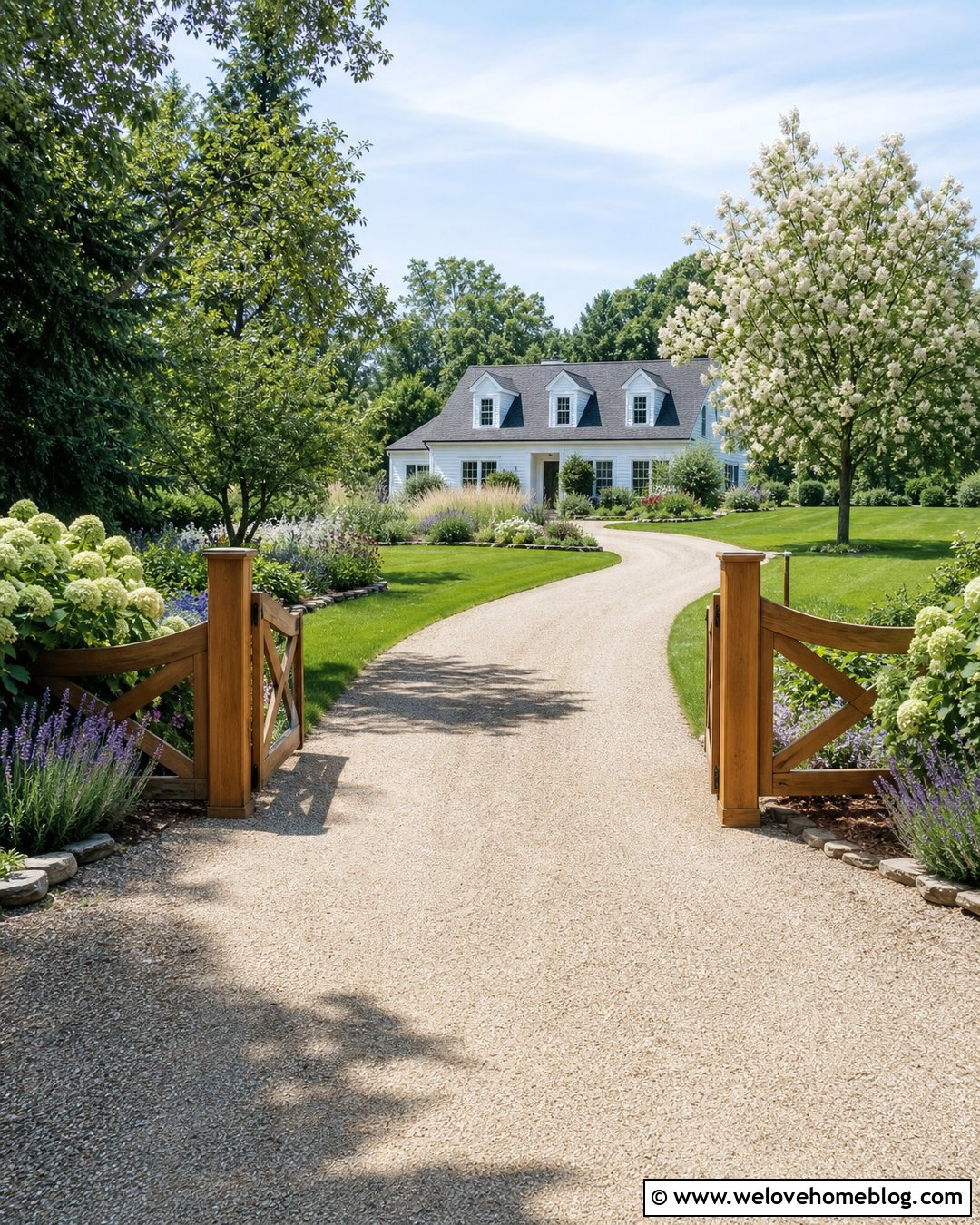 Curved Country Driveway Entrance With A Wooden Gate - 35 Driveway Entrance Landscaping Country Ideas