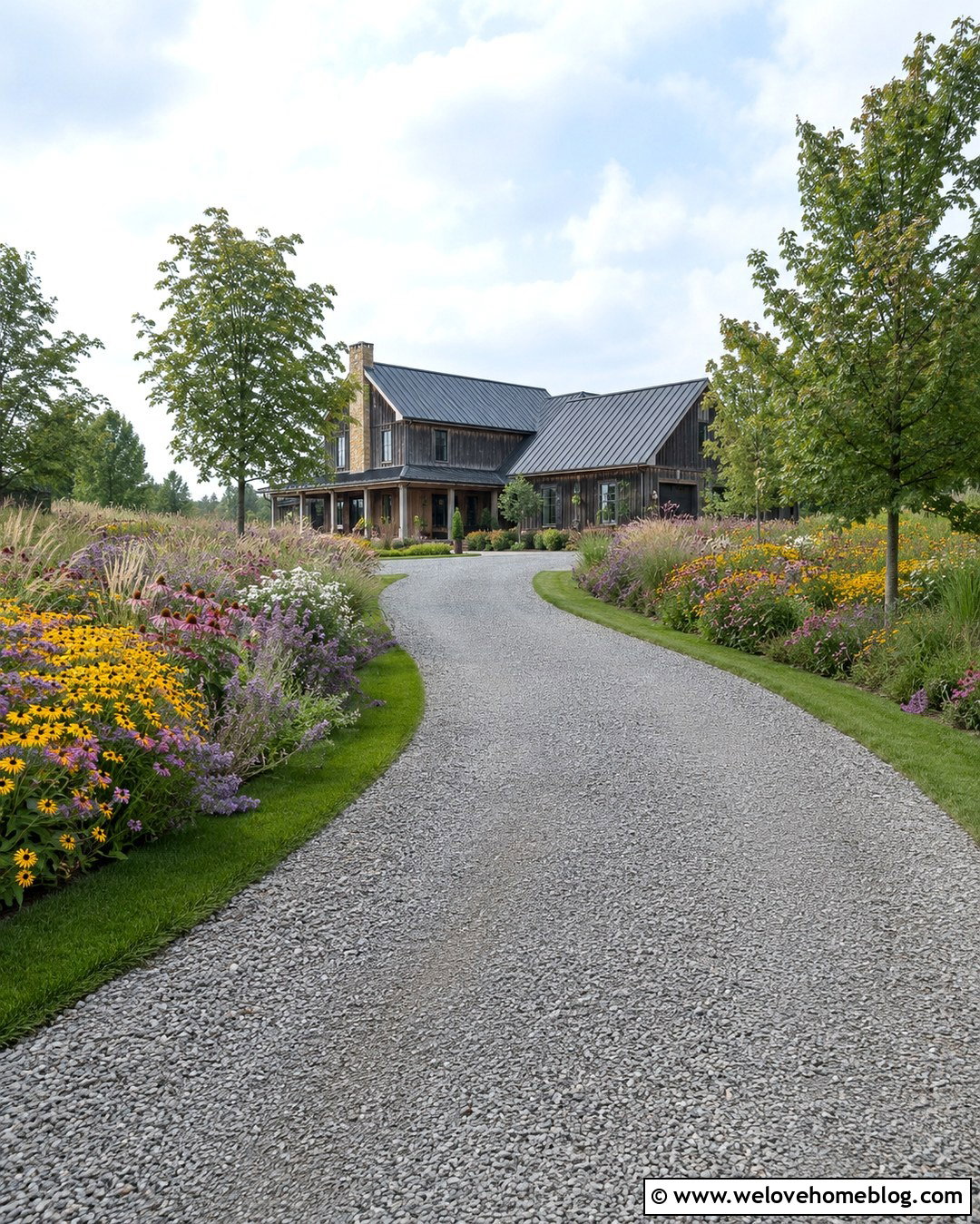 Curved Country Driveway With Wildflower Borders - 20 Country Home Driveway Ideas