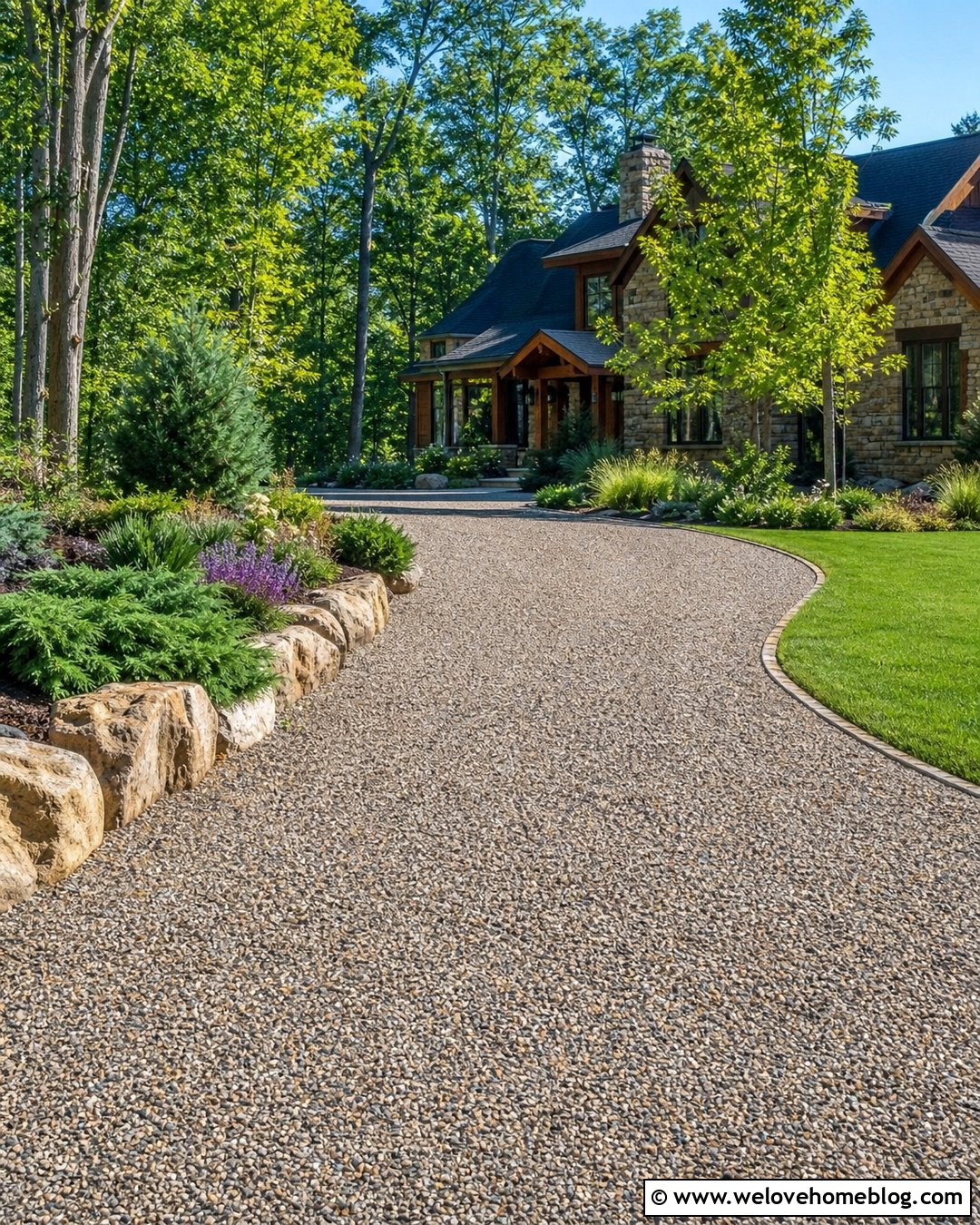 Curved Creek Rock Driveway With Boulder Borders - 20 Creek Rock Driveway Ideas