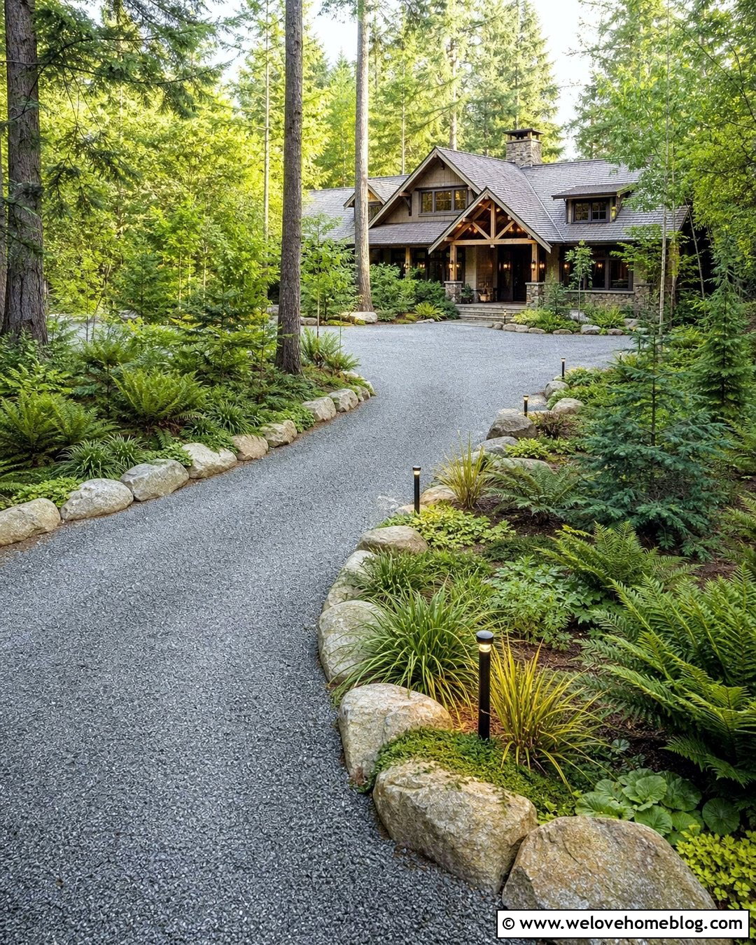 Curved Crushed Stone Driveway With Boulder Landscaping - 35 Curved Driveway Ideas