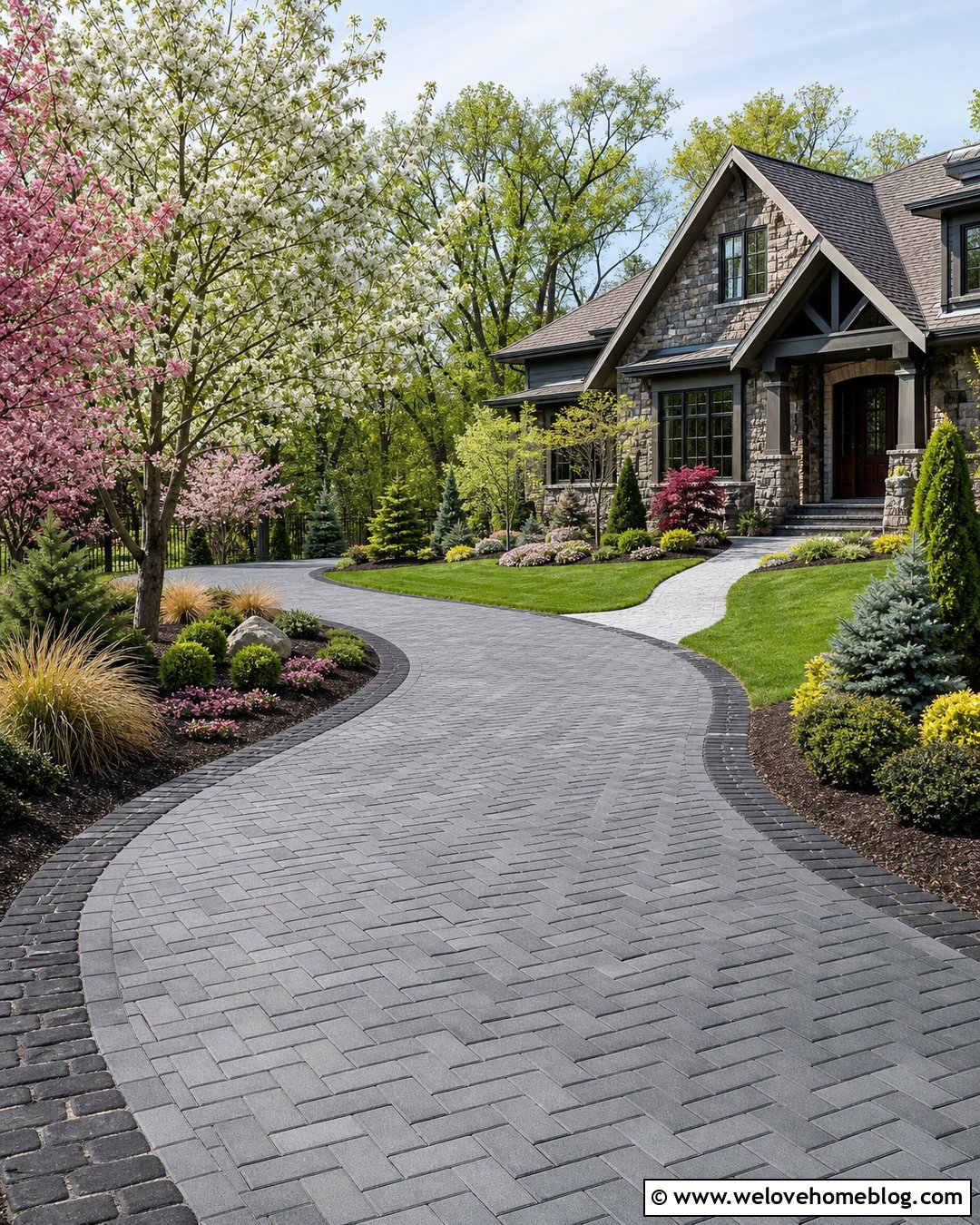 Curved Dark Grey Paver Driveway - 20 Dark Grey Pavers Driveway Ideas