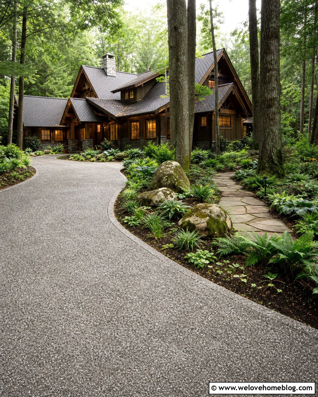 Curved Driveway Entrance With Mossy Boulders - 20 Driveway Entrance With Boulders Ideas