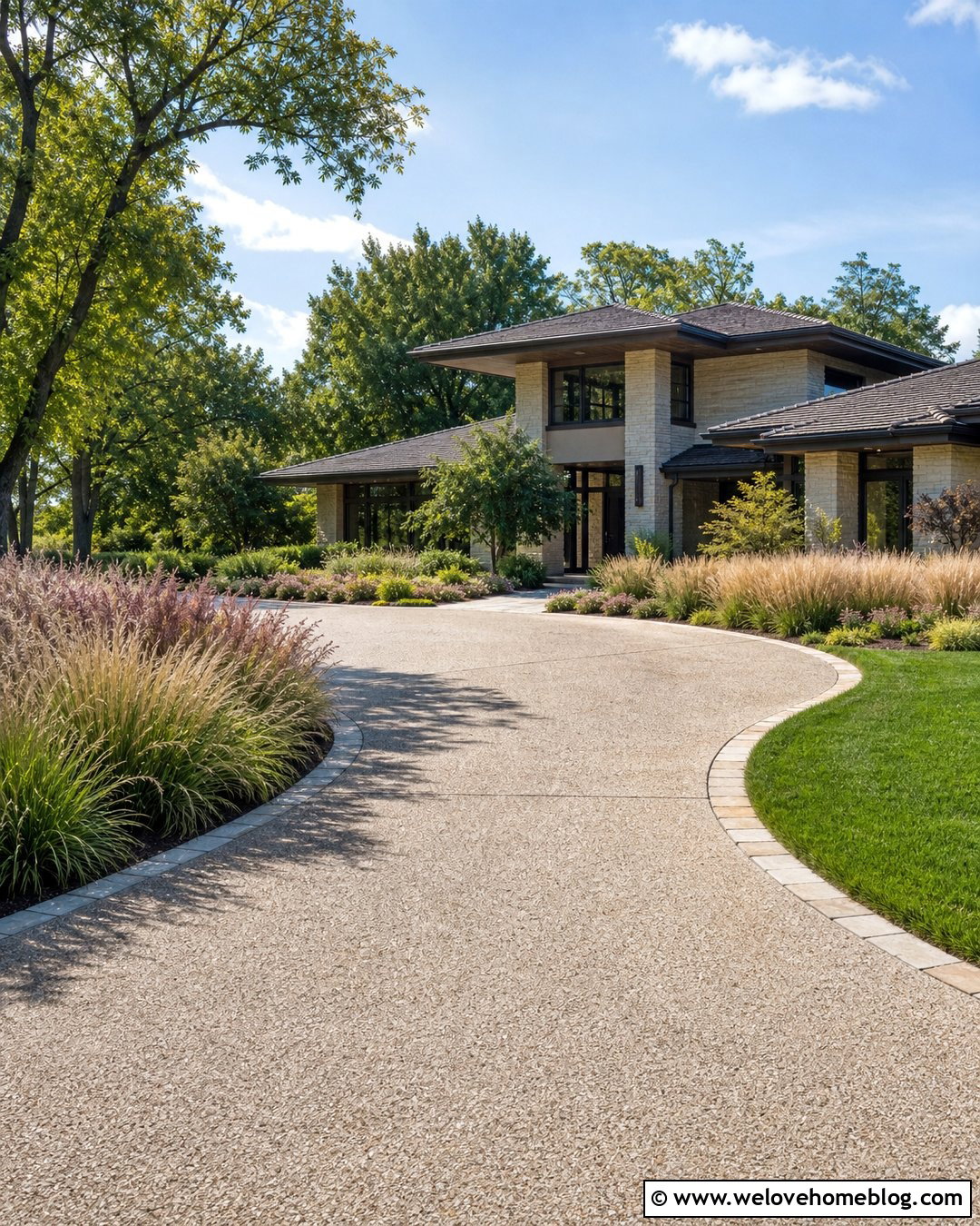 Curved Driveway Entrance With Ornamental Grasses - 50 driveway entrance landscaping ideas