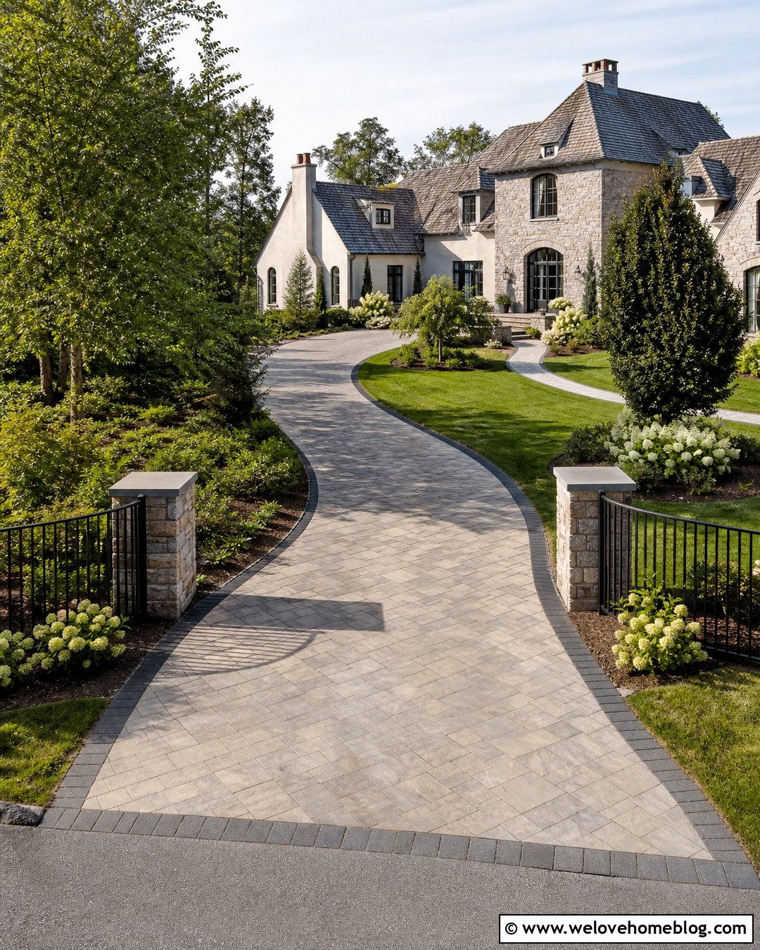Curved Driveway Entry Fence With Layered Landscaping - 20 Driveway Entry Fence Ideas