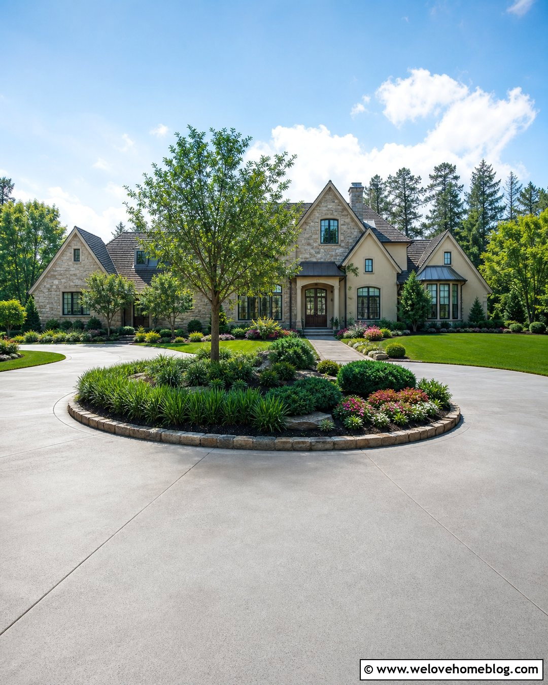 Curved Driveway With A Central Garden Island - 35 Curved Driveway Ideas