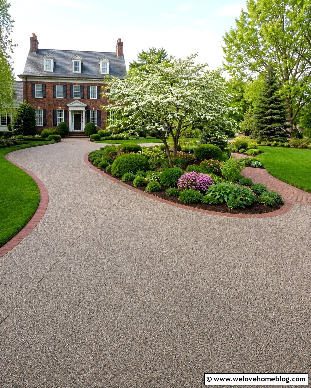 Curved Driveway With A Central Garden Island - 20 Curved Driveway In Lush Garden Ideas