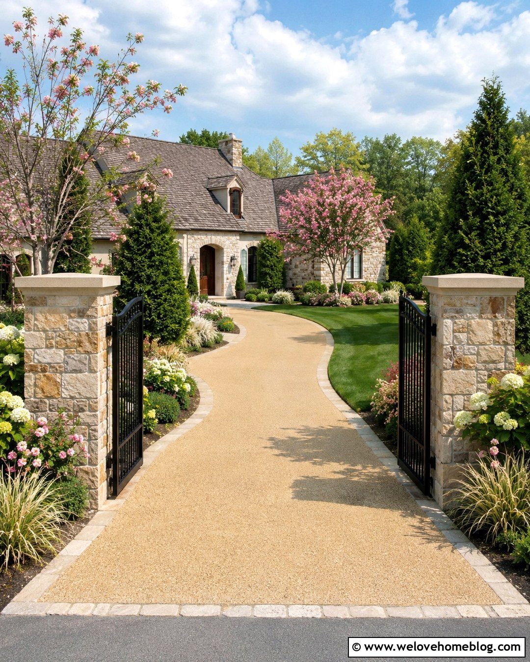Curved Driveway With A Garden Gate And Pillars - 20 Curved Driveway In Lush Garden Ideas