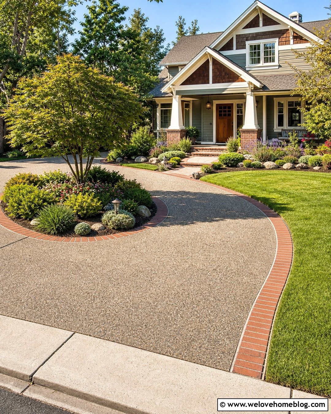 Curved Driveway With Brick Ribbon Border - 20 Brick Ribbon Driveway Ideas