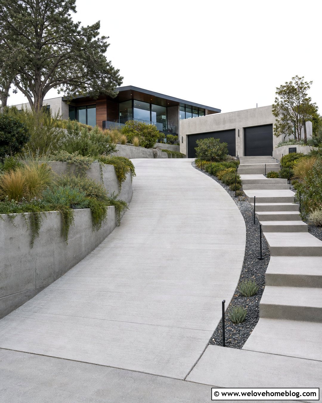 Curved Driveway With Concrete Retaining Walls - 20 Modern Curved Driveway Ideas