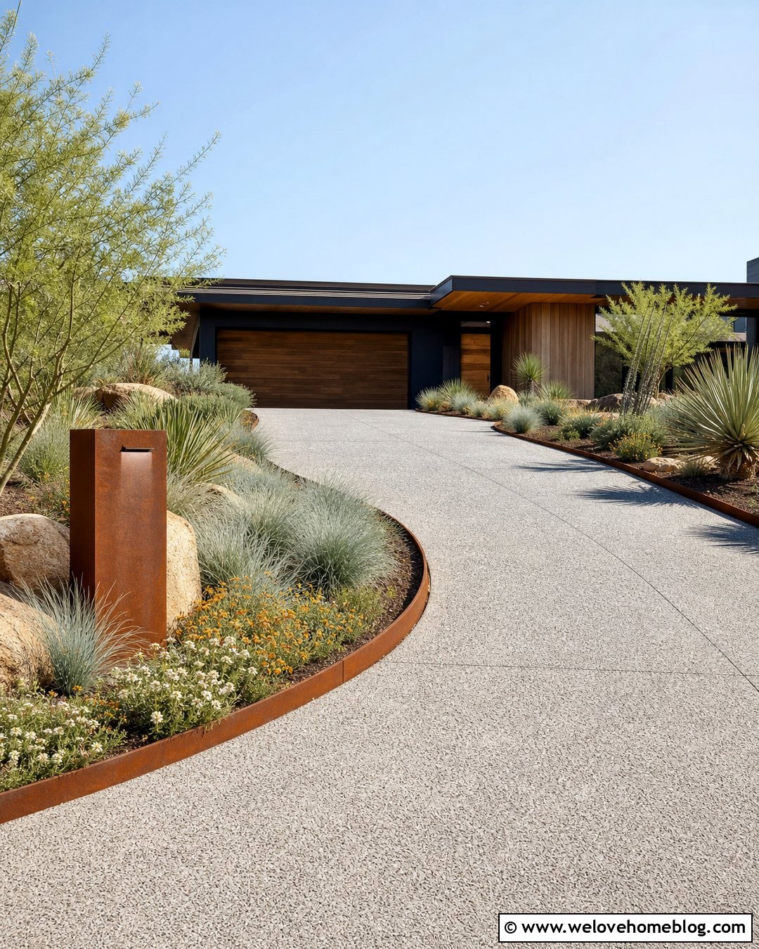 Curved Driveway With Corten Steel Edging - 20 Modern Curved Driveway Ideas
