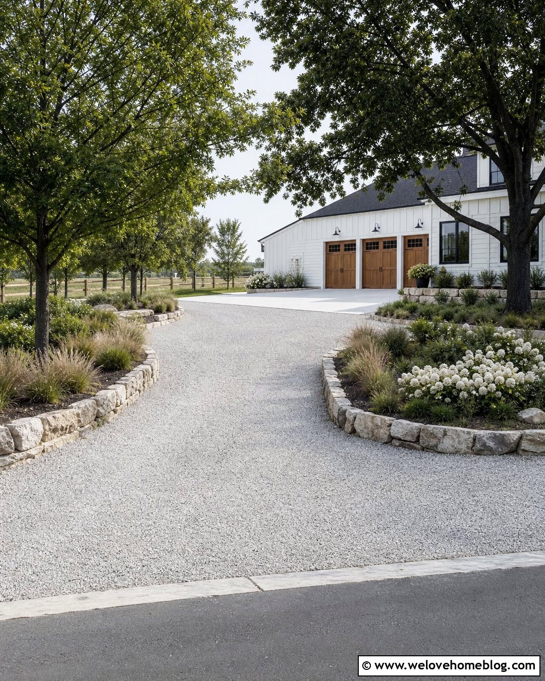 Curved Driveway With Farmhouse Garage - 20 Garage And Driveway Ideas