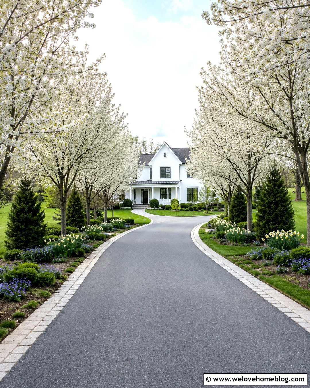 Curved Driveway With Flowering Tree Borders - 20 Curved Driveway In Lush Garden Ideas