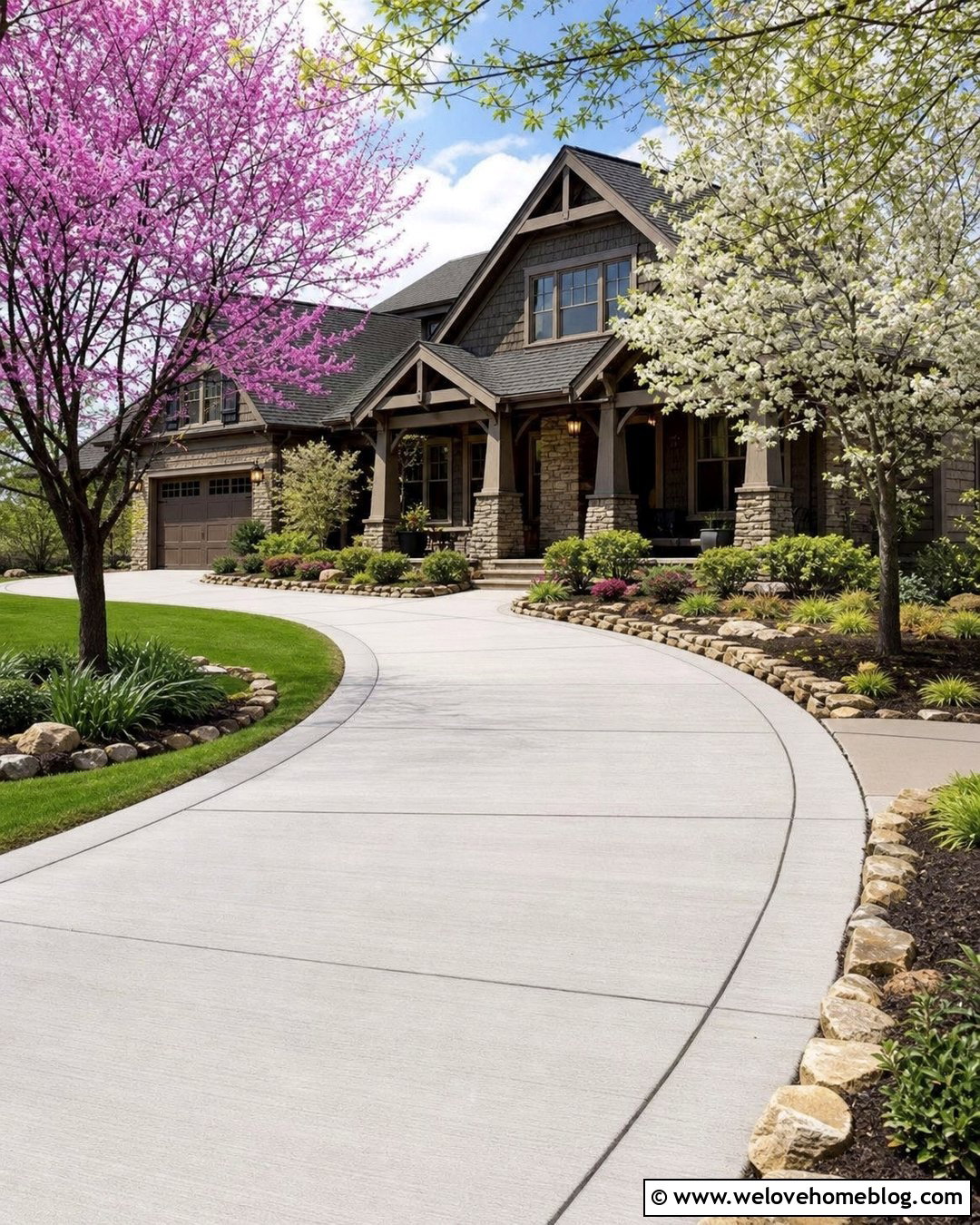 Curved Driveway With Flowering Trees - 20 Driveway Tree Planting Ideas