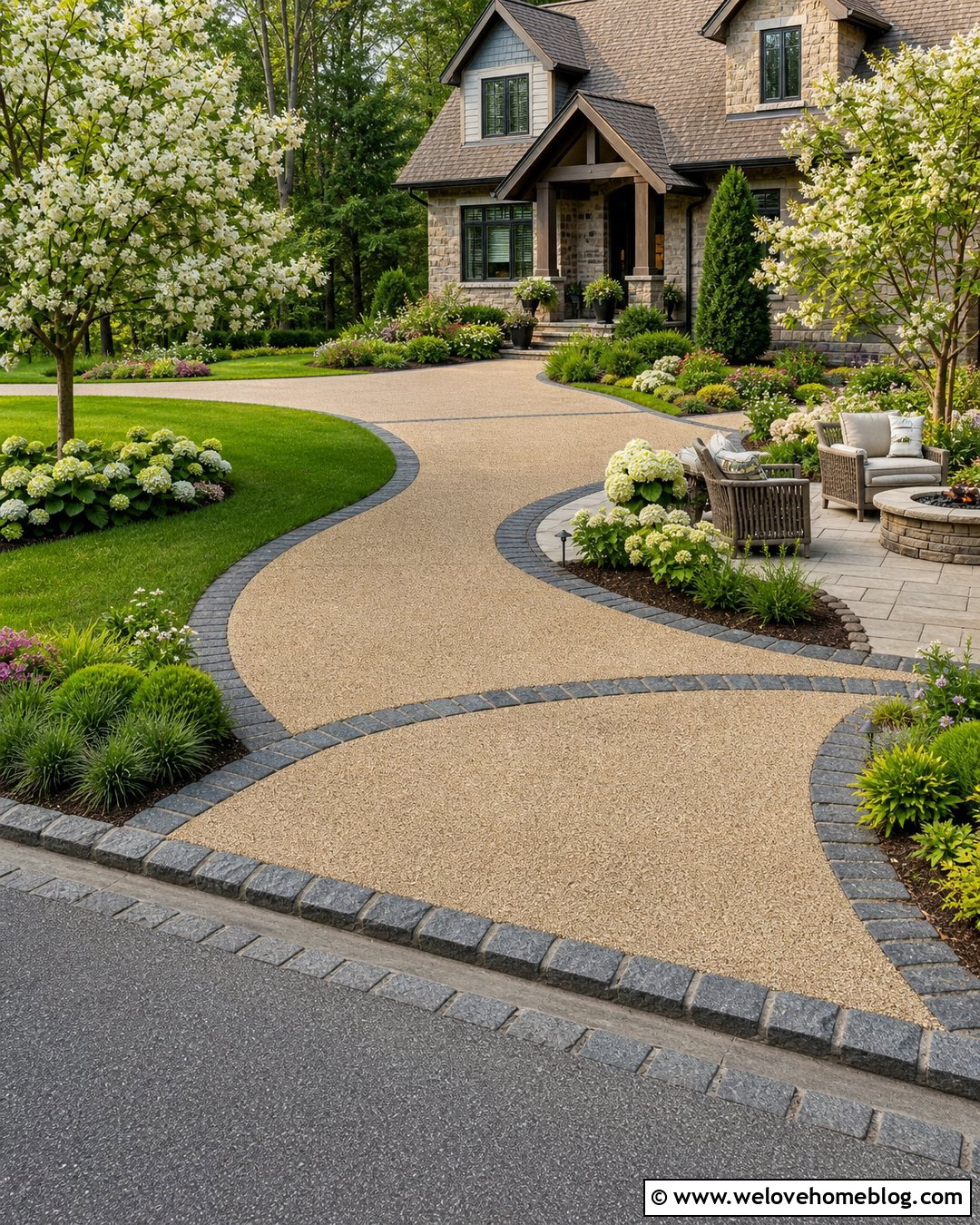 Curved Driveway With Garden Patio - 20 Patio And Driveway Combo Ideas