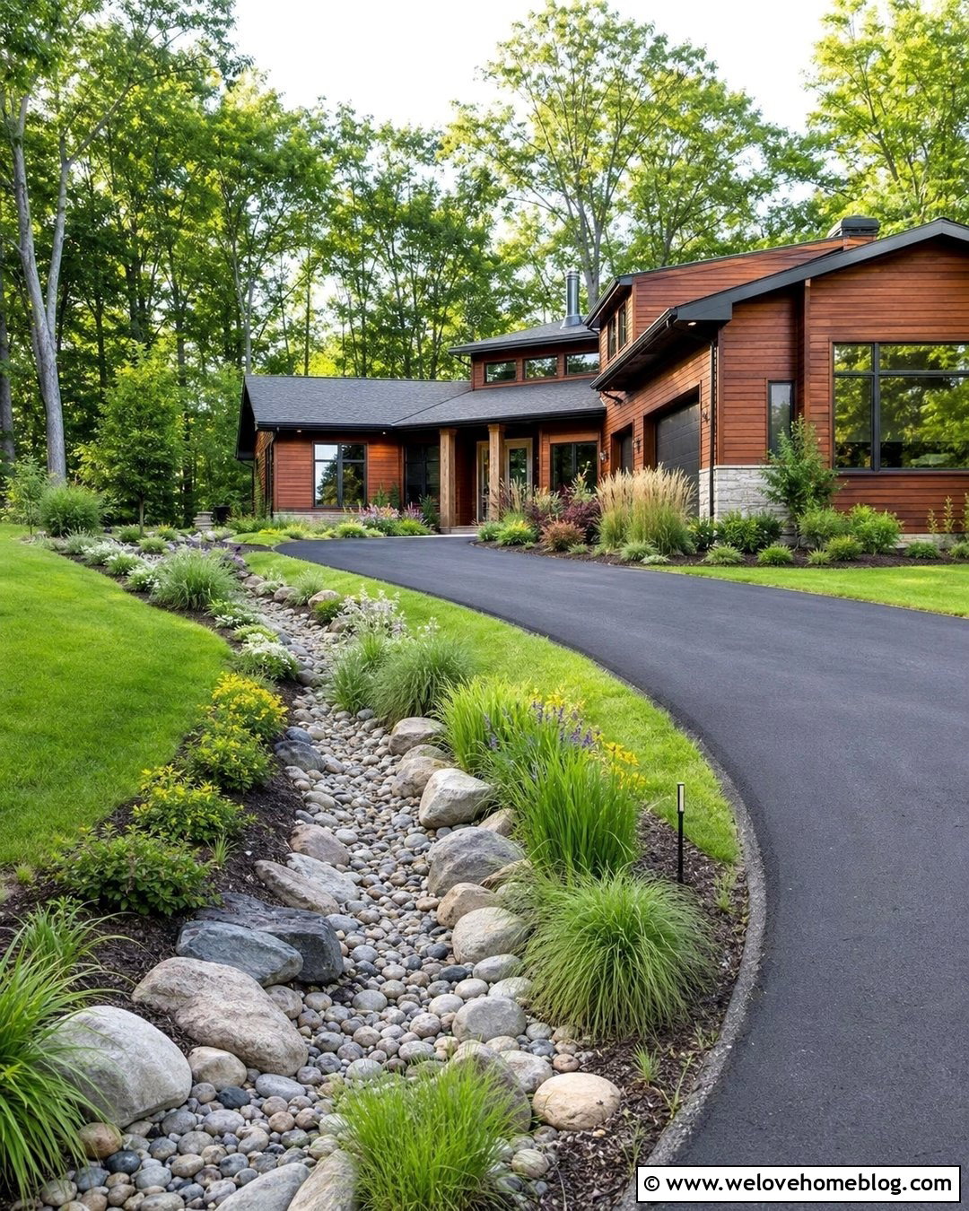 Curved Driveway With Landscaped Drainage Swale - 20 Driveway Drainage Ideas