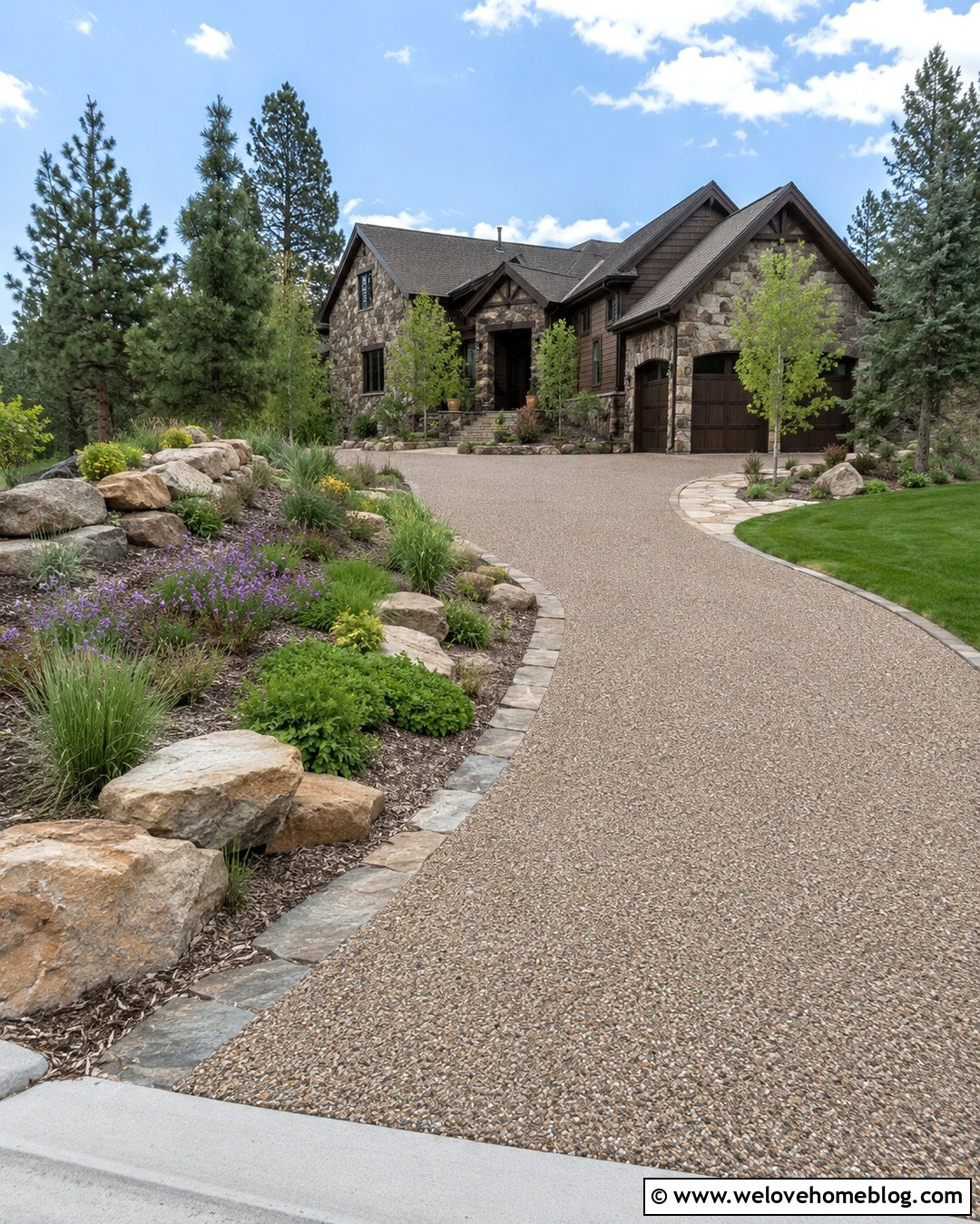 Curved Driveway With Large Landscape Rocks - 20 Rock Entrance Driveway Ideas