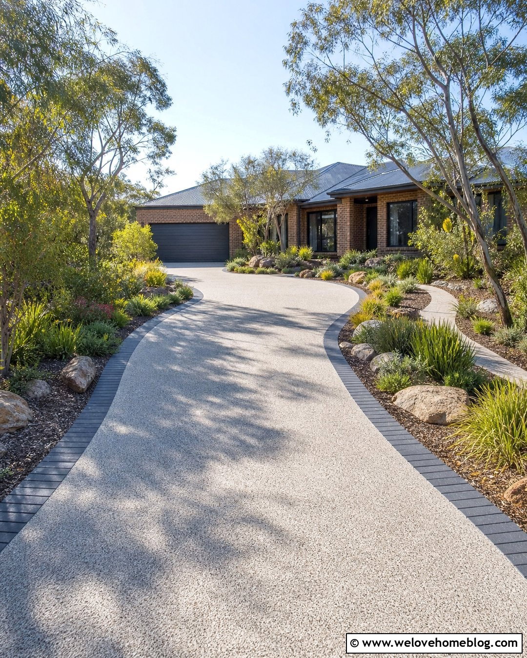 Curved Driveway With Layered Native Gardens - 20 Australian Driveway Ideas