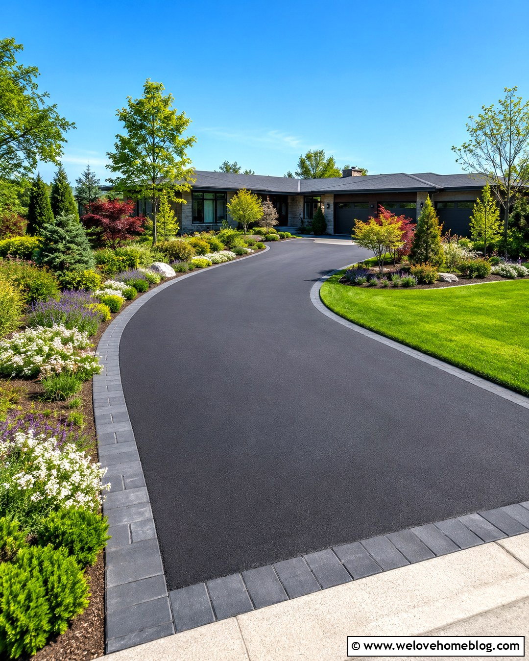 Curved Driveway With Layered Shrub Borders - 20 Driveway Makeover Project Ideas