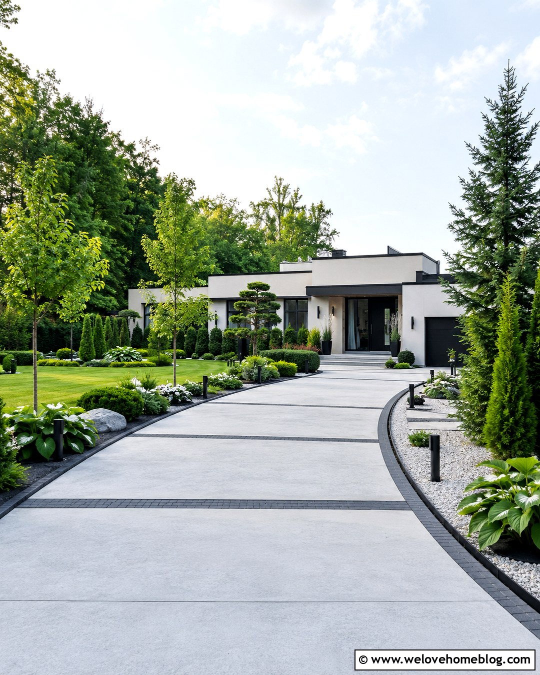 Curved Driveway With Modern Layered Greenery - 20 Curved Driveway In Lush Garden Ideas